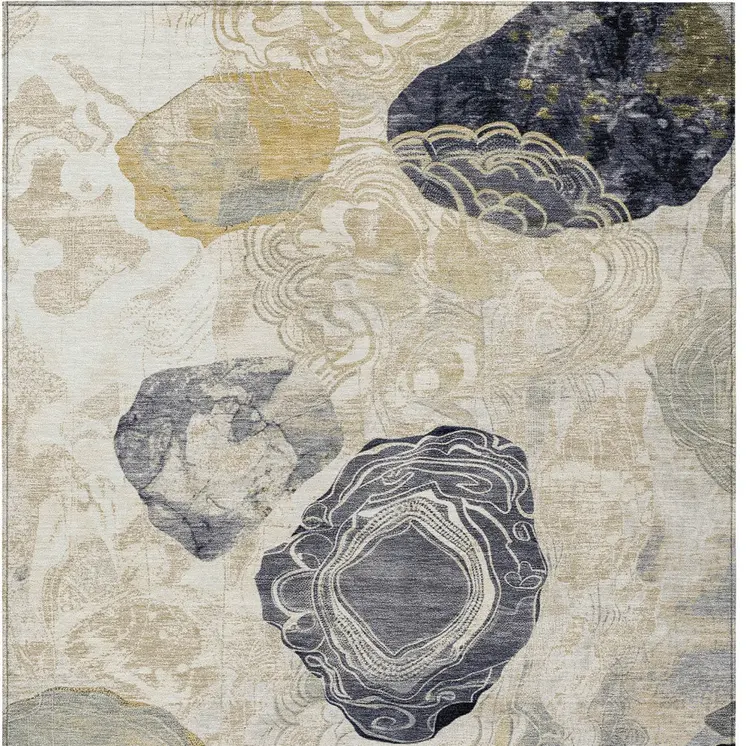 5' X 8' Ivory Gold And Gray Floral Washable Indoor Outdoor Area Rug