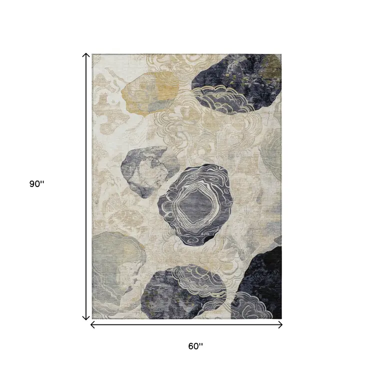 5' X 8' Ivory Gold And Gray Floral Washable Indoor Outdoor Area Rug