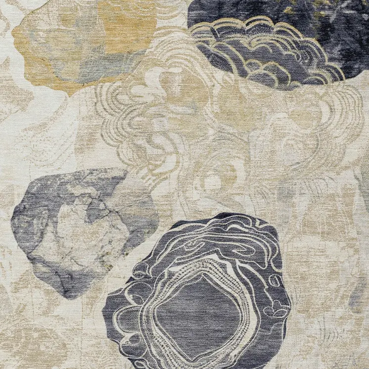 5' X 8' Ivory Gold And Gray Floral Washable Indoor Outdoor Area Rug