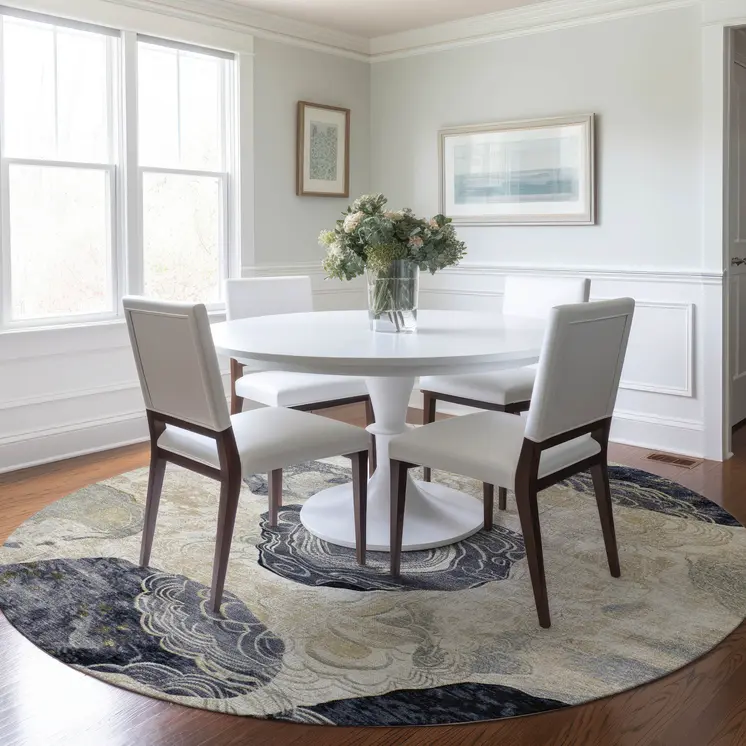 8' Ivory Gold And Gray Round Floral Washable Indoor Outdoor Area Rug