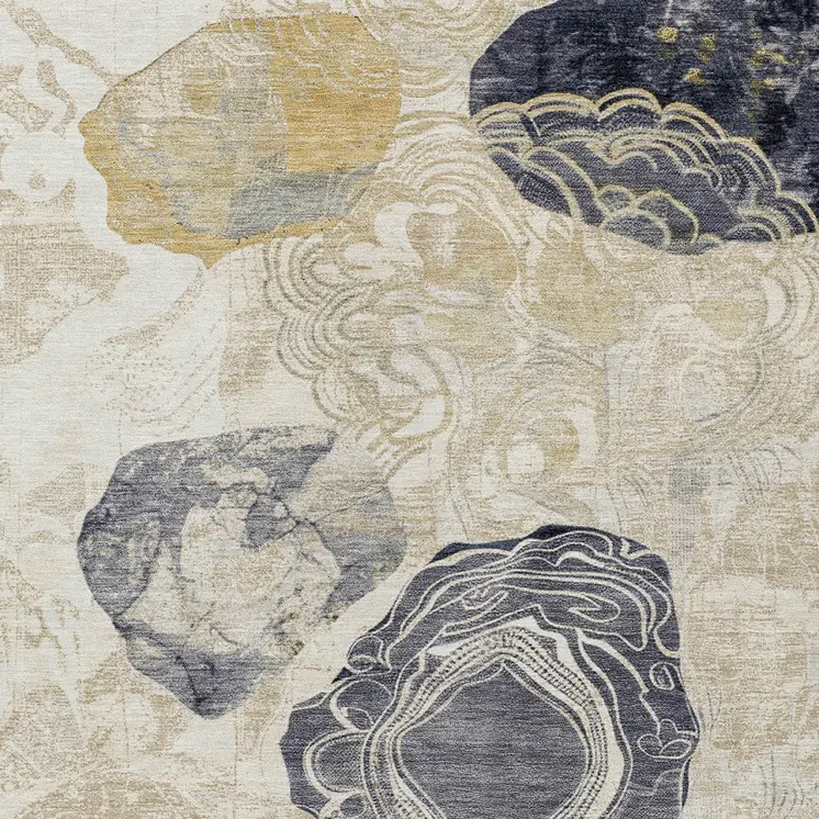 8' X 10' Ivory Gold And Gray Floral Washable Indoor Outdoor Area Rug