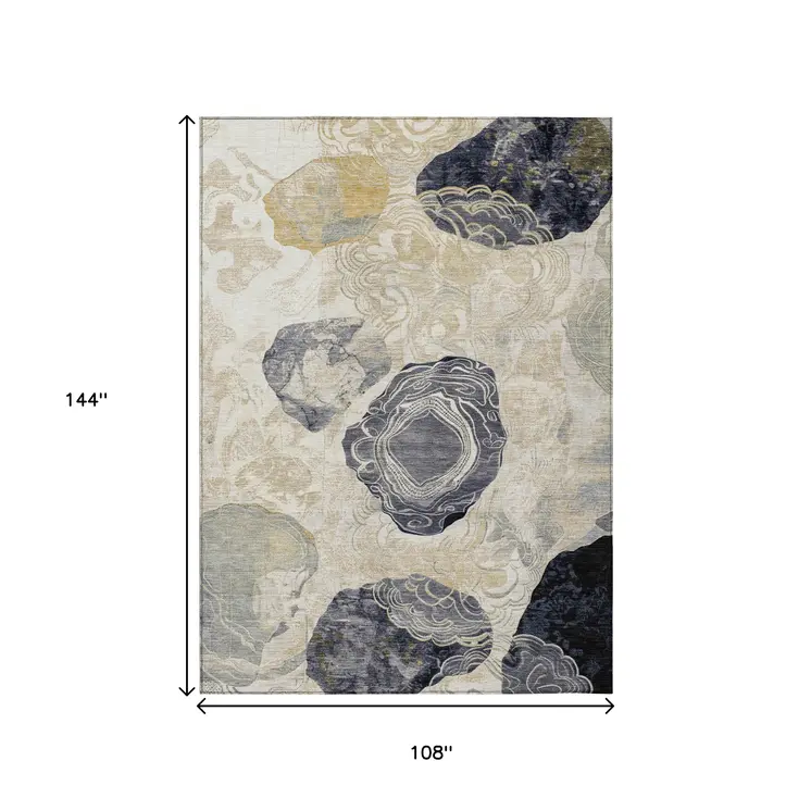 9' X 12' Ivory Gold And Gray Floral Washable Indoor Outdoor Area Rug