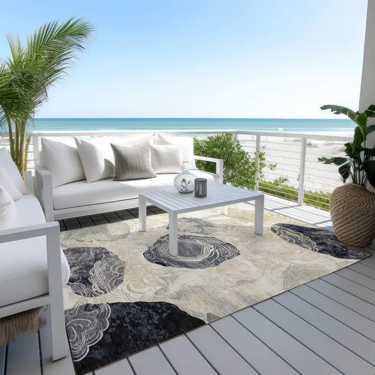 9' X 12' Ivory Gold And Gray Floral Washable Indoor Outdoor Area Rug