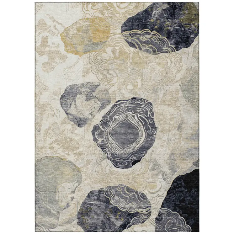 9' X 12' Ivory Gold And Gray Floral Washable Indoor Outdoor Area Rug