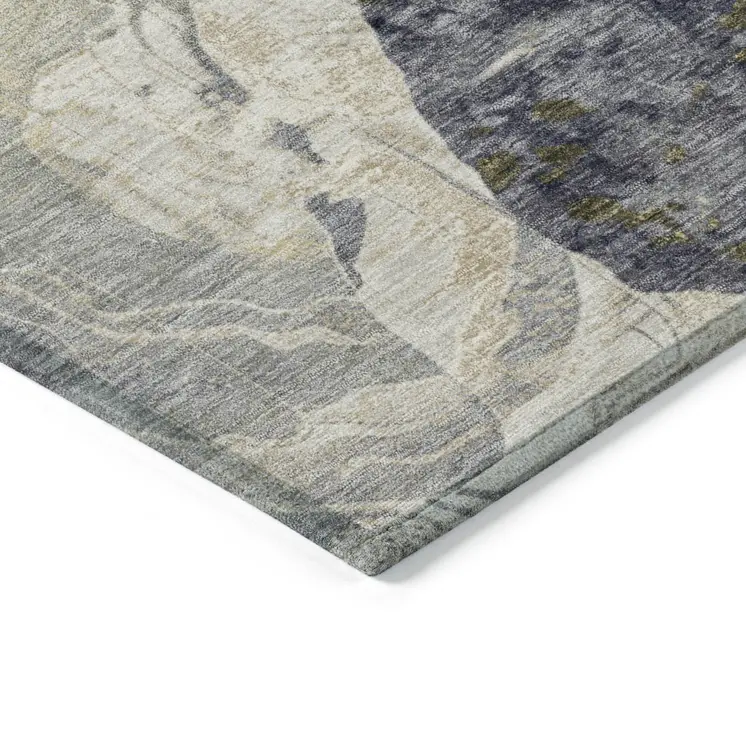 9' X 12' Ivory Gold And Gray Floral Washable Indoor Outdoor Area Rug