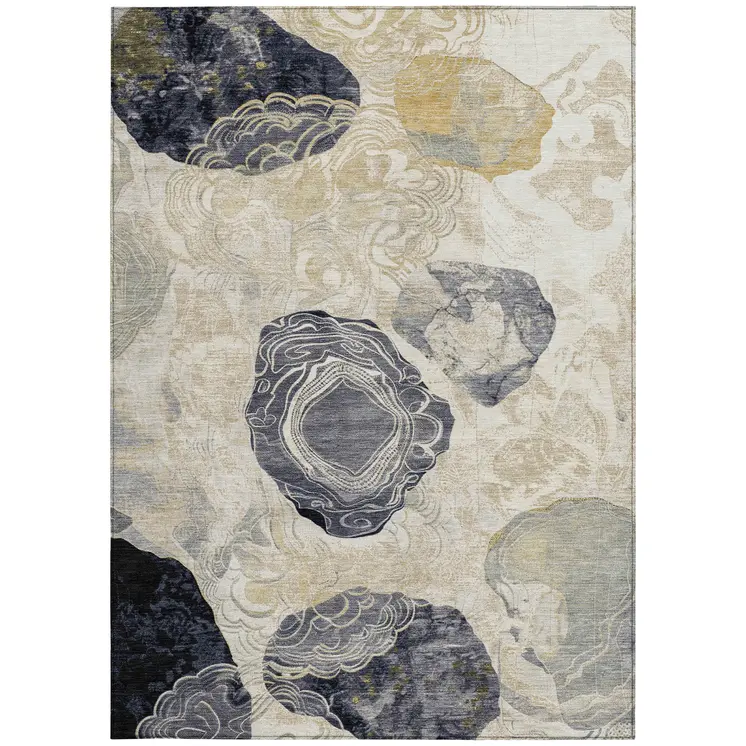 9' X 12' Ivory Gold And Gray Floral Washable Indoor Outdoor Area Rug
