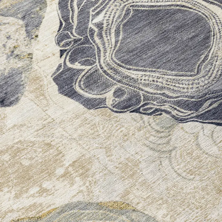 9' X 12' Ivory Gold And Gray Floral Washable Indoor Outdoor Area Rug