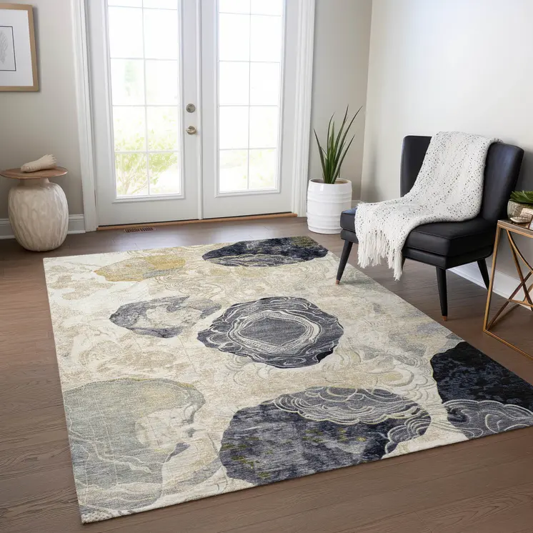 9' X 12' Ivory Gold And Gray Floral Washable Indoor Outdoor Area Rug