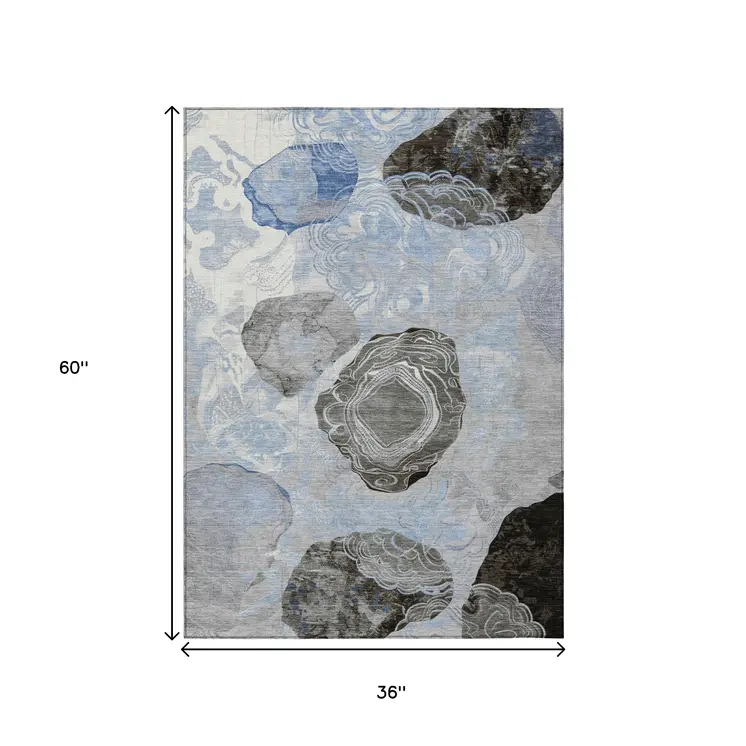 3' X 5' Sky Blue Charcoal And Ivory Floral Washable Indoor Outdoor Area Rug