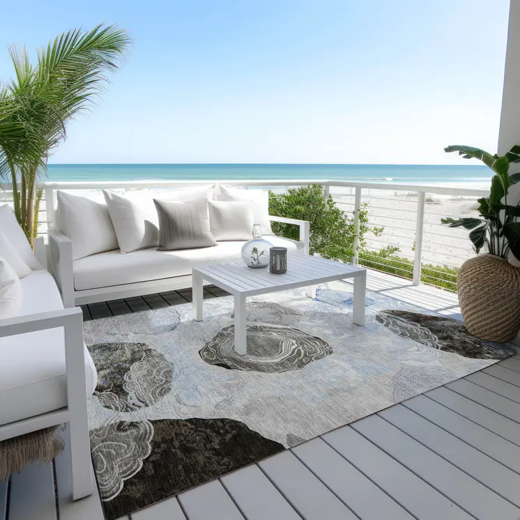 3' X 5' Sky Blue Charcoal And Ivory Floral Washable Indoor Outdoor Area Rug
