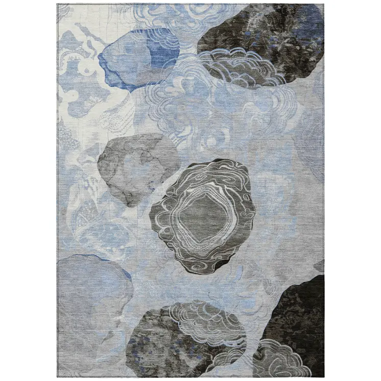 3' X 5' Sky Blue Charcoal And Ivory Floral Washable Indoor Outdoor Area Rug