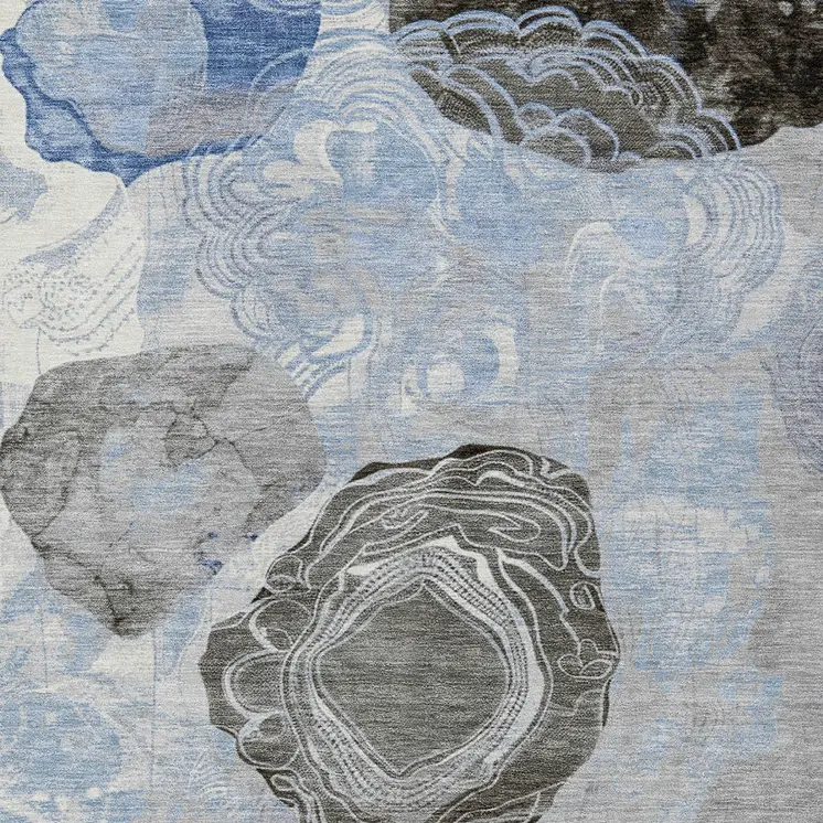 3' X 5' Sky Blue Charcoal And Ivory Floral Washable Indoor Outdoor Area Rug