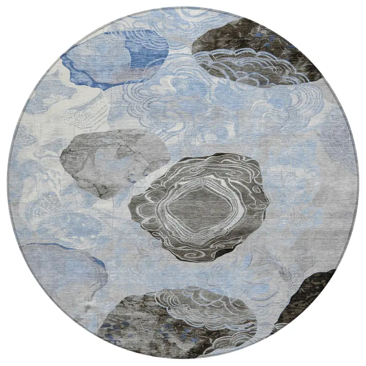 8' Sky Blue Charcoal And Ivory Round Floral Washable Indoor Outdoor Area Rug