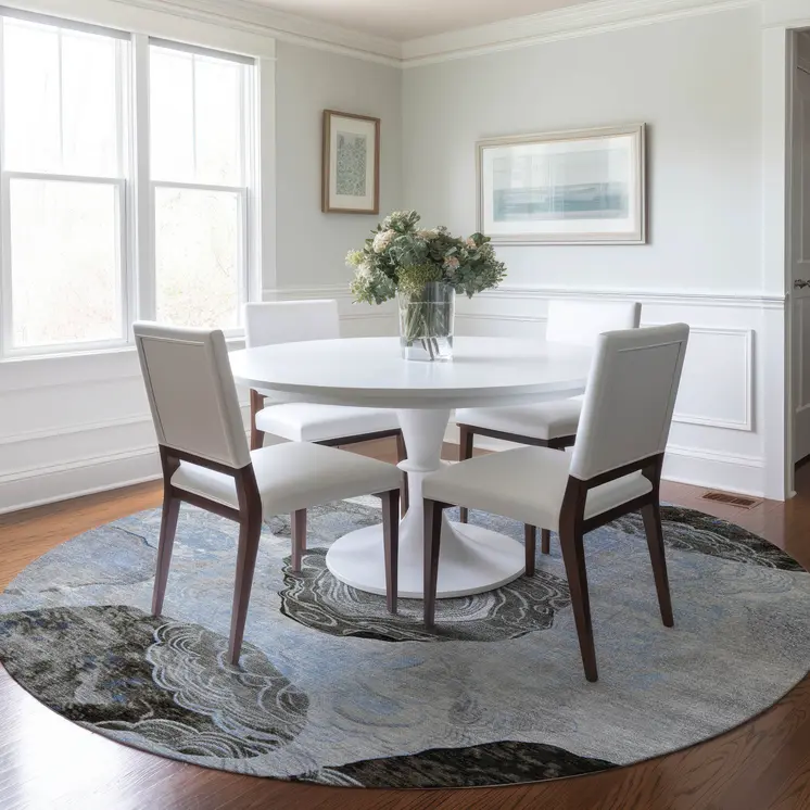 8' Sky Blue Charcoal And Ivory Round Floral Washable Indoor Outdoor Area Rug