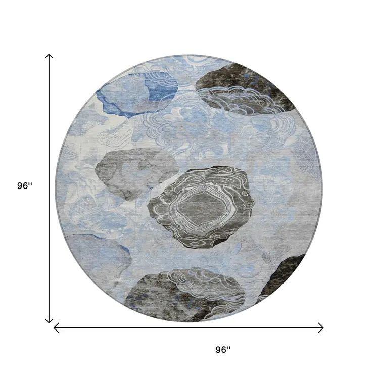8' Sky Blue Charcoal And Ivory Round Floral Washable Indoor Outdoor Area Rug