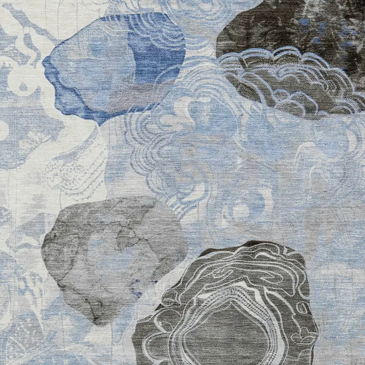8' X 10' Sky Blue Charcoal And Ivory Floral Washable Indoor Outdoor Area Rug