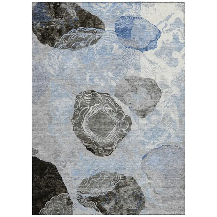 9' X 12' Sky Blue Charcoal And Ivory Floral Washable Indoor Outdoor Area Rug
