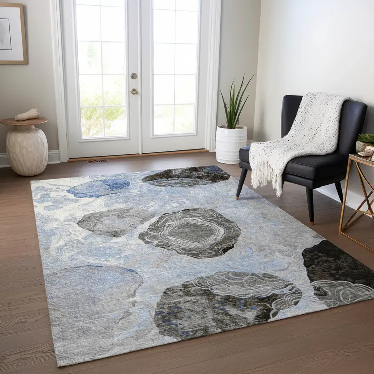 9' X 12' Sky Blue Charcoal And Ivory Floral Washable Indoor Outdoor Area Rug