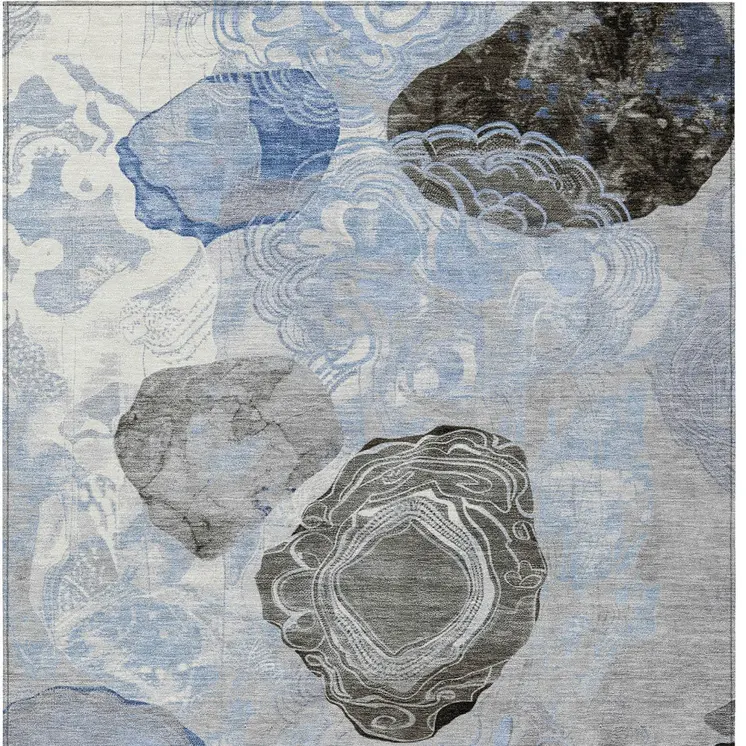 10' X 14' Sky Blue Charcoal And Ivory Floral Washable Indoor Outdoor Area Rug