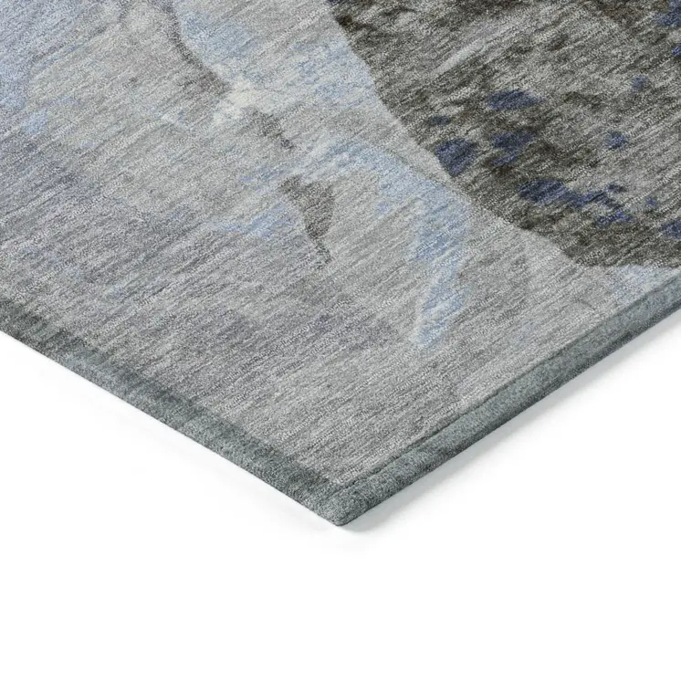 10' X 14' Sky Blue Charcoal And Ivory Floral Washable Indoor Outdoor Area Rug