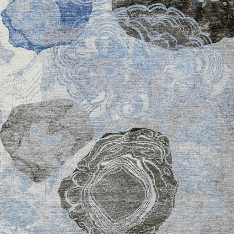 10' X 14' Sky Blue Charcoal And Ivory Floral Washable Indoor Outdoor Area Rug