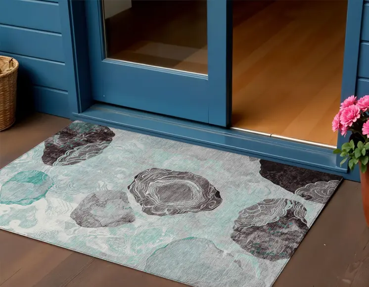 3' X 5' Teal Blue Charcoal And Ivory Floral Washable Indoor Outdoor Area Rug