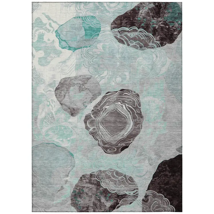 5' X 8' Teal Blue Charcoal And Ivory Floral Washable Indoor Outdoor Area Rug