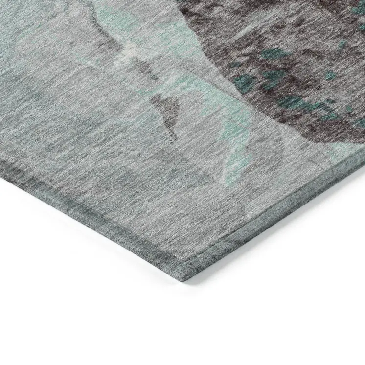 5' X 8' Teal Blue Charcoal And Ivory Floral Washable Indoor Outdoor Area Rug