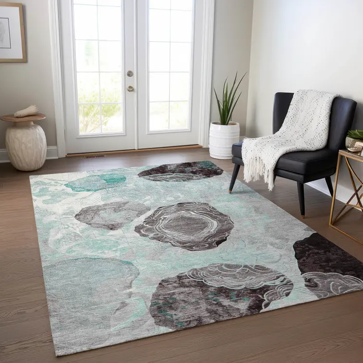 5' X 8' Teal Blue Charcoal And Ivory Floral Washable Indoor Outdoor Area Rug