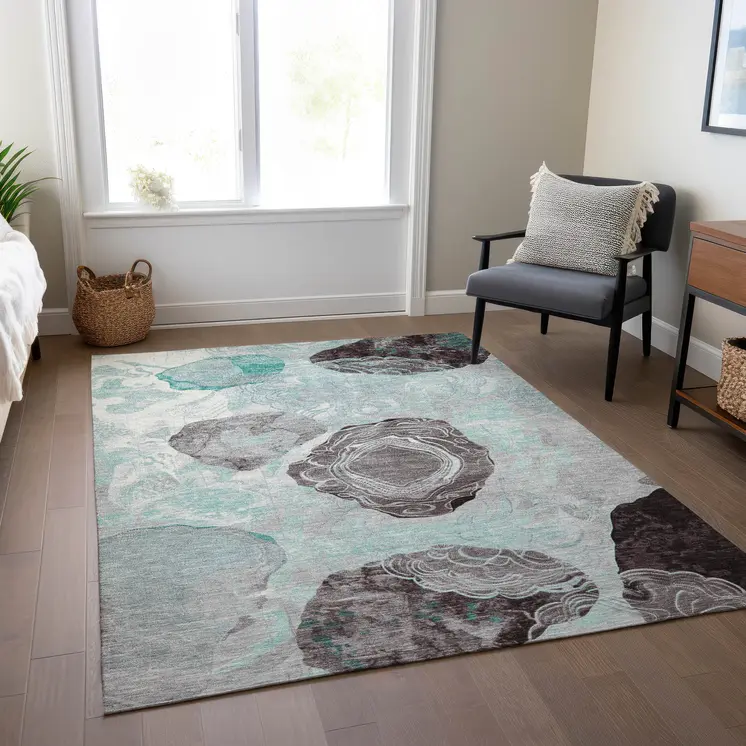 5' X 8' Teal Blue Charcoal And Ivory Floral Washable Indoor Outdoor Area Rug