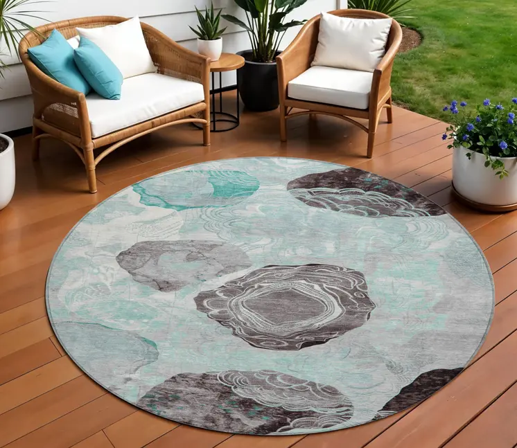 8' Teal Blue Charcoal And Ivory Round Floral Washable Indoor Outdoor Area Rug