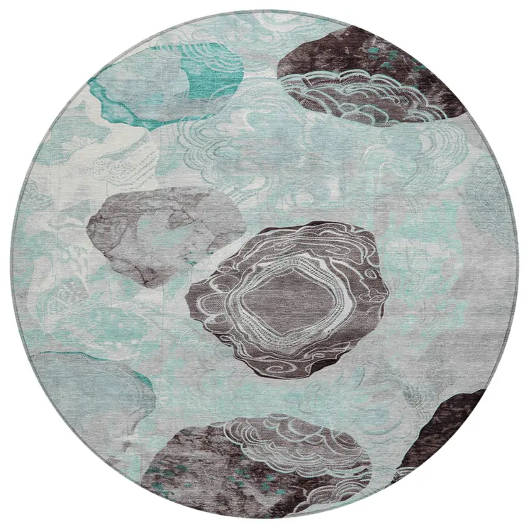 8' Teal Blue Charcoal And Ivory Round Floral Washable Indoor Outdoor Area Rug