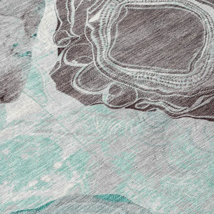 8' Teal Blue Charcoal And Ivory Round Floral Washable Indoor Outdoor Area Rug