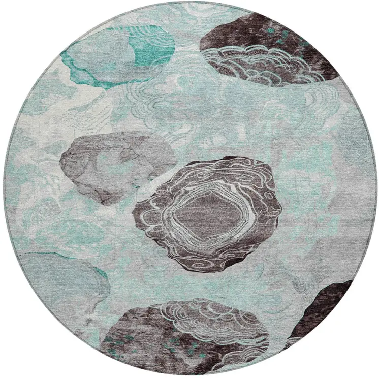 8' Teal Blue Charcoal And Ivory Round Floral Washable Indoor Outdoor Area Rug