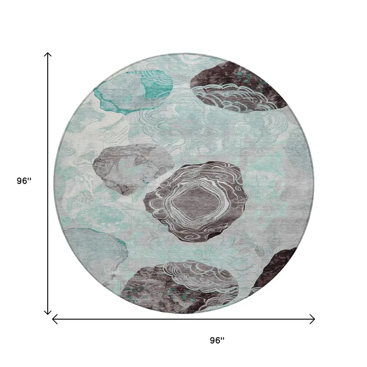 8' Teal Blue Charcoal And Ivory Round Floral Washable Indoor Outdoor Area Rug