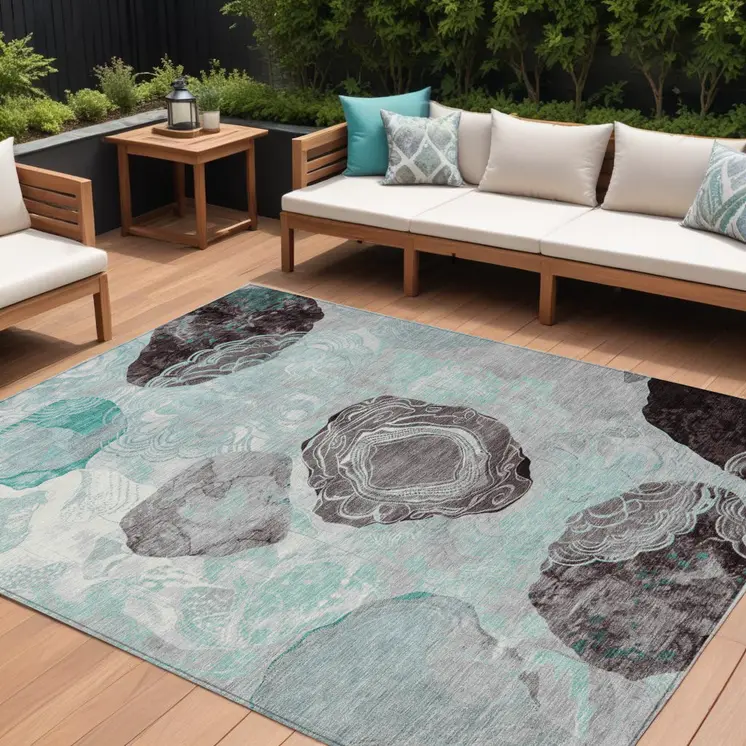 10' X 14' Teal Blue Charcoal And Ivory Floral Washable Indoor Outdoor Area Rug