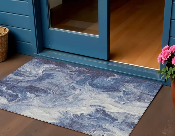 3' X 5' Blue And Ivory Abstract Washable Indoor Outdoor Area Rug