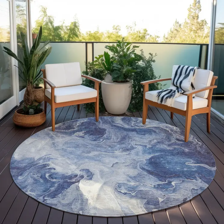 8' Blue And Ivory Round Abstract Washable Indoor Outdoor Area Rug