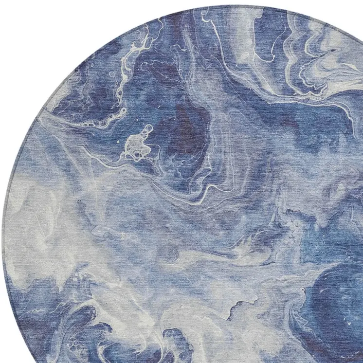 8' Blue And Ivory Round Abstract Washable Indoor Outdoor Area Rug