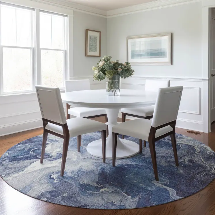 8' Blue And Ivory Round Abstract Washable Indoor Outdoor Area Rug
