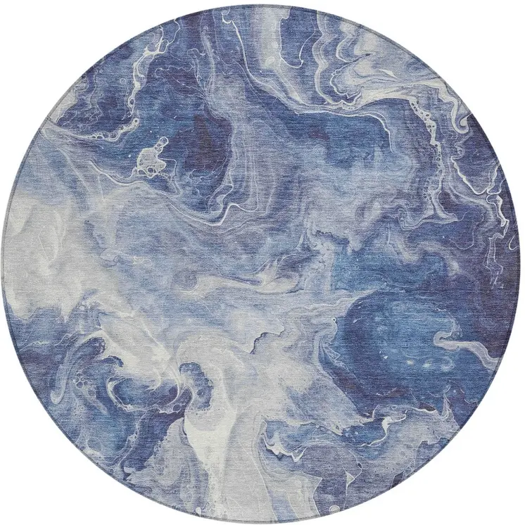 8' Blue And Ivory Round Abstract Washable Indoor Outdoor Area Rug