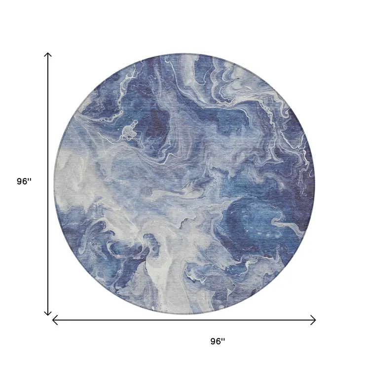8' Blue And Ivory Round Abstract Washable Indoor Outdoor Area Rug