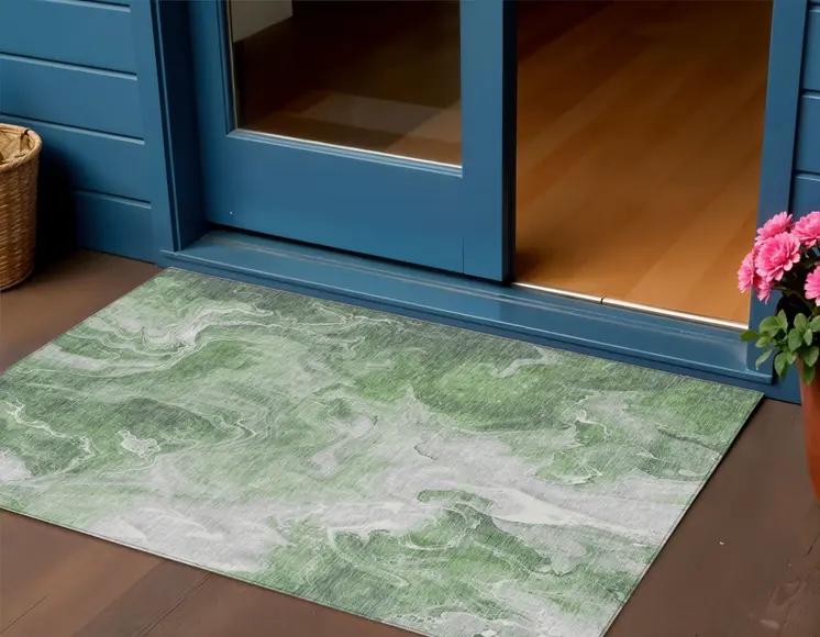 3' X 5' Green And Ivory Abstract Washable Indoor Outdoor Area Rug