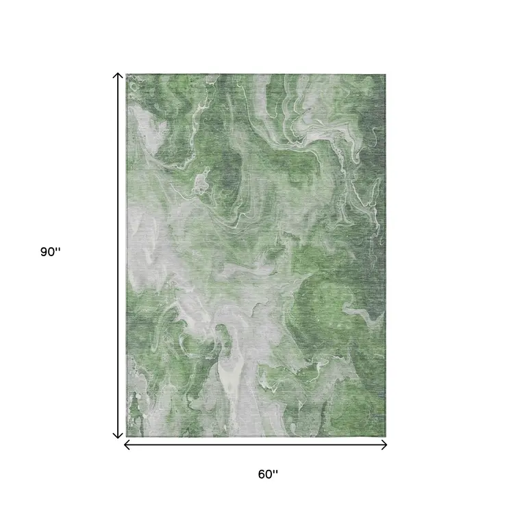 5' X 8' Green And Ivory Abstract Washable Indoor Outdoor Area Rug
