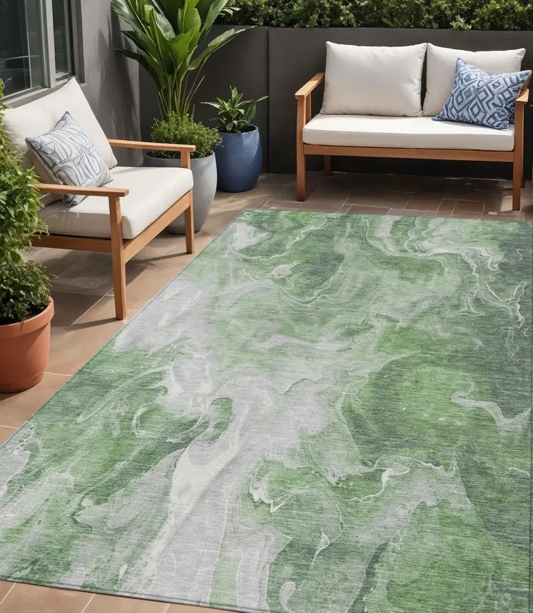 5' X 8' Green And Ivory Abstract Washable Indoor Outdoor Area Rug
