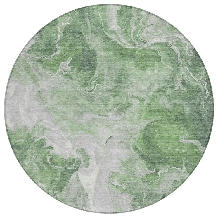 8' Green And Ivory Round Abstract Washable Indoor Outdoor Area Rug
