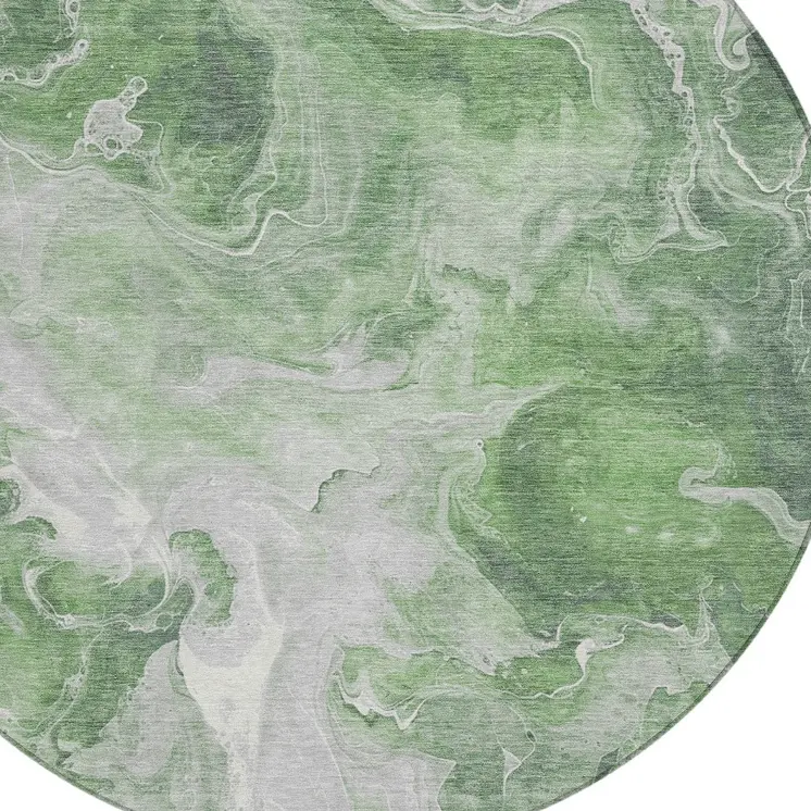 8' Green And Ivory Round Abstract Washable Indoor Outdoor Area Rug