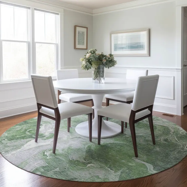 8' Green And Ivory Round Abstract Washable Indoor Outdoor Area Rug