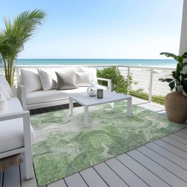 10' X 14' Green And Ivory Abstract Washable Indoor Outdoor Area Rug