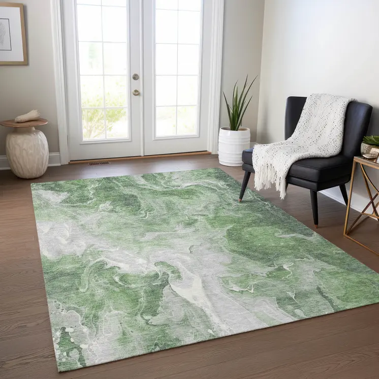 10' X 14' Green And Ivory Abstract Washable Indoor Outdoor Area Rug